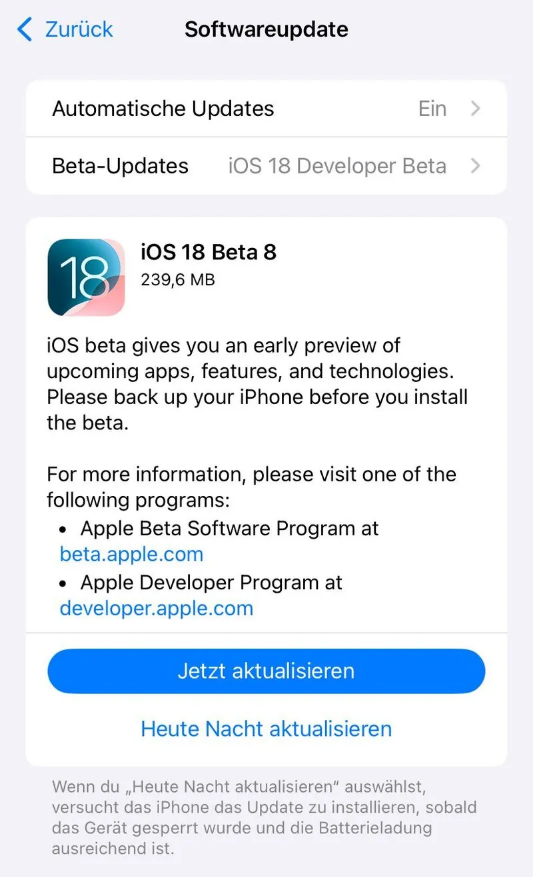 句容苹果手机维修分享苹果 iOS / iPadOS 18 开发者预览版 Beta 8 发布 